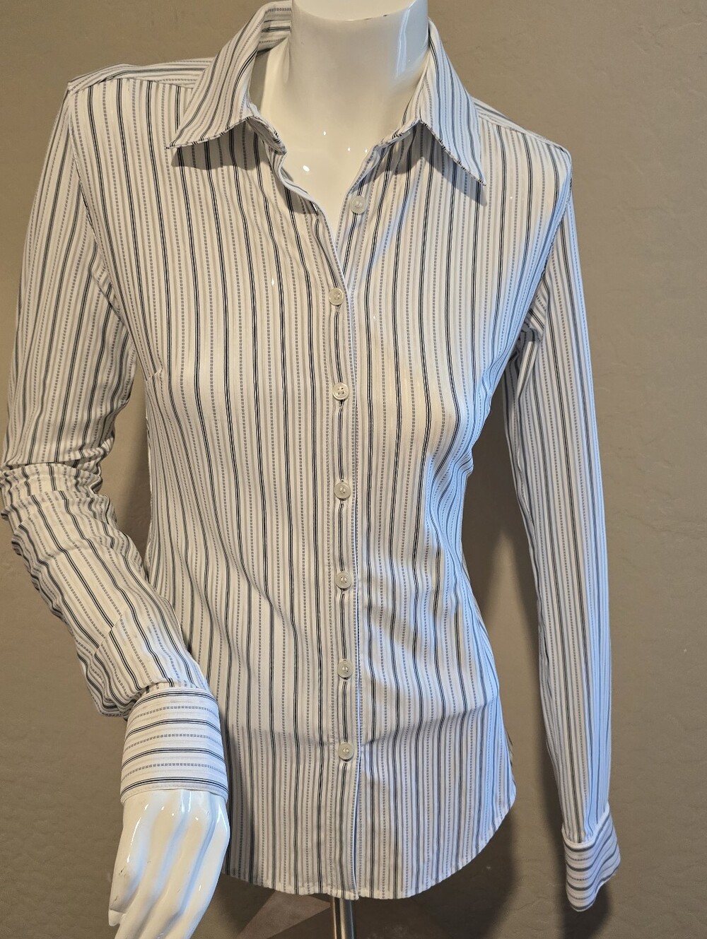Express White Button-Down Shirt with Gray Pinstripes